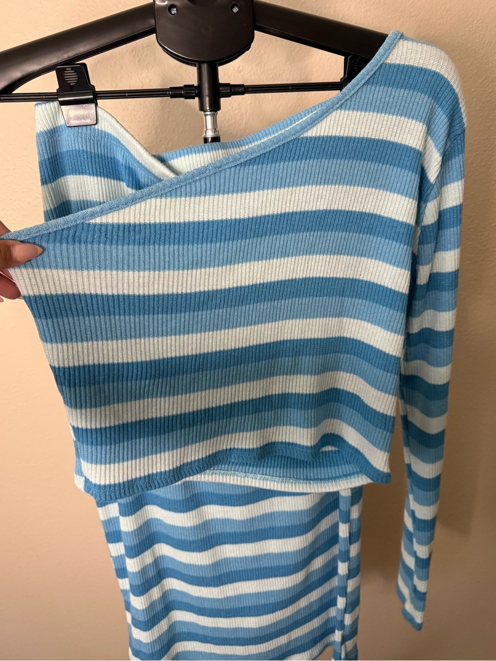 New Striped Blue and White Knit Midi Skirt and Top